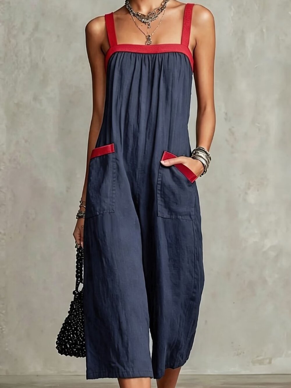 Navy-Red Contrast Patch Pocket Jumpsuit
